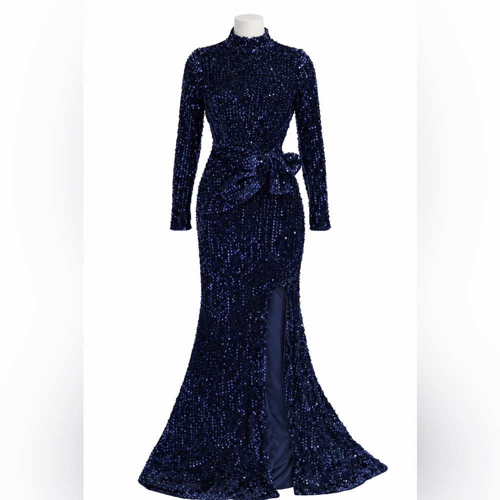 Navy Sequin Gown. Long Sleeve. XS Maxi Long, High Neck Evening Gown